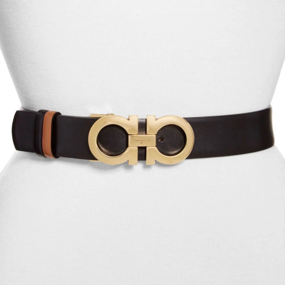 Salvatore Ferragamo Women’s Gancini Reversible Leather Belt. Sella Brown/Gold.